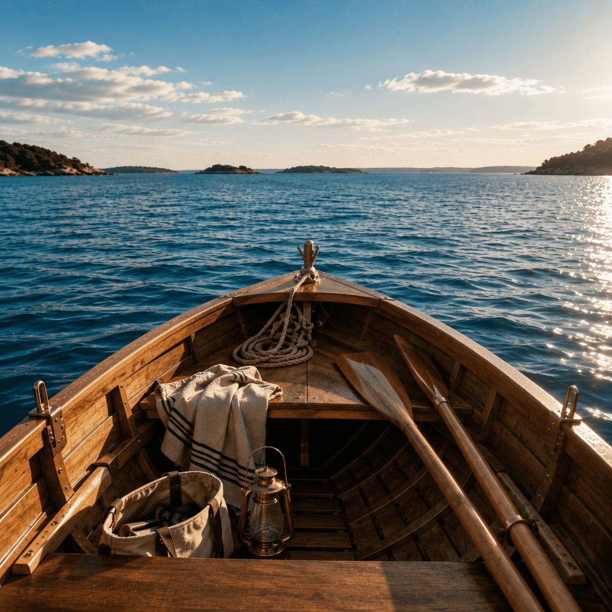 A wooden rowboat seen from the rower's seat, bow pointed toward open water